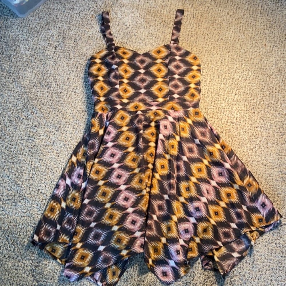 NWOT Bar III Asymmetric Hem Mini Dress Tan Purple Black Geometric Print Medium